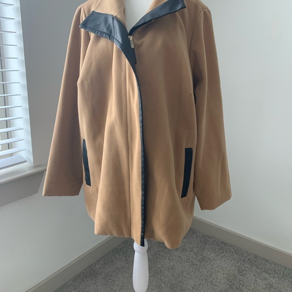 Jackets & Blazers - Tan and Black Women's Pea Coat with Faux Leather Trim.